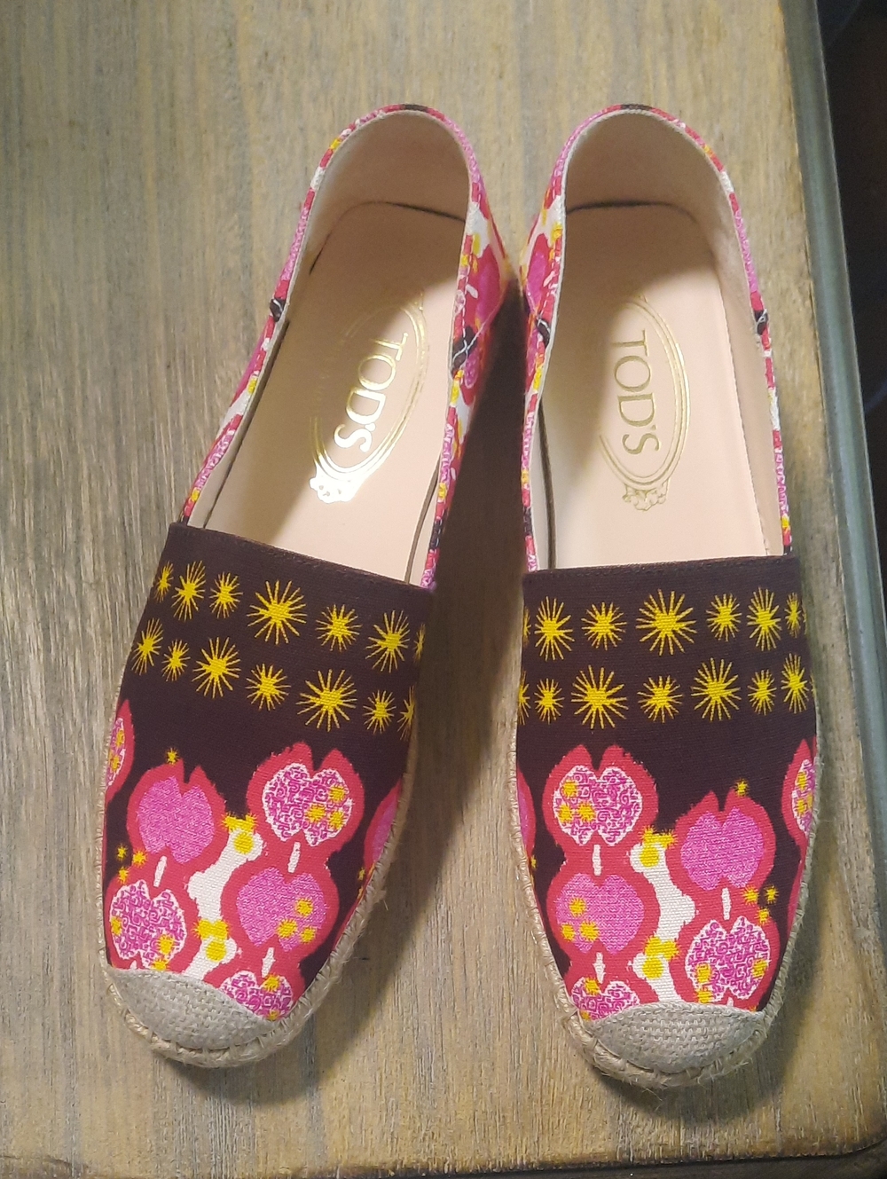 TOD'S Pink and Brown Floral Espadrille Flats